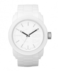 Bleached out and bold. Highlight your style with this watch by Diesel crafted of white faux-link textured silicone bracelet and round plastic case. White dial features applied stick indices, numerals at two, three and four o'clock, minute track, three hands and logo at nine o'clock. Quartz movement. Water resistant to 30 meters. Two-year limited warranty.