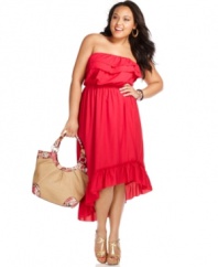 Cause a heat wave in this strapless plus size dress from Ruby Rox! Ruffled to perfection and flaunting a trend-forward, asymmetrical design, this summery frock is the definition of vacation-ready style!