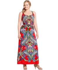 Wrap up an on-trend look with NY Collection's sleeveless plus size maxi dress, showcasing a scarf-print!
