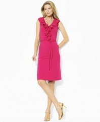 Imbued with breezy, warm-weather style, this feminine Lauren by Ralph Lauren dress is crafted from soft stretch pima jersey with a self-tie belt and airy ruffles at the placket for a flirty flair. (Clearance)