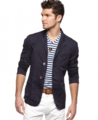 Tradition takes a backseat to this modern upgrade on the classic blazer from Armani Jeans.