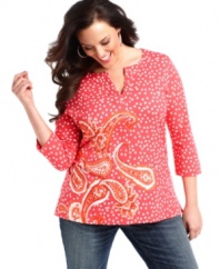 Liven up your casual look with Jones New York Signature's three-quarter sleeve plus size top, mixing polka dot and paisley prints.