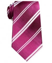 A crisp stripe in a cool hue gives this Alfani tie instant presence when paired with a neutral suit.