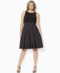 Elegantly pairing sleek matte jersey at the bodice with a lustrous pleated taffeta skirt, this Lauren by Ralph Lauren dress is finished with a chic scoop neckline and self-tie taffeta sash at the waist for stunning style.
