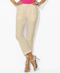 A casual staple, Lauren by Ralph Lauren's petite twill pant can be worn with rolled cuffs for a utilitarian-inspired look.
