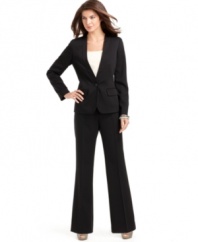Anne Klein's petite pant suit looks sharp its jacket's seamed shawl collar that make a dramatic dip to the single button closure--perfect for showing off a colorful cami.