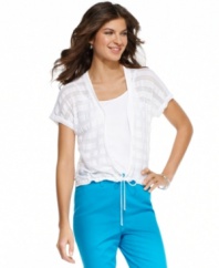 Be super comfortable in Jones New York Signature's pointelle-knit lightweight petite cardigan -- a perfect complement to summertime tees and tanks! (Clearance)