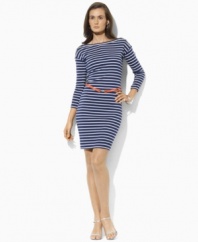A sleek-fitting petite cotton jersey dress from Lauren by Ralph Lauren is steeped in nautical inspiration, finished with allover horizontal stripes and a chic rope belt. (Clearance)
