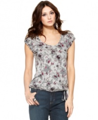 DKNY Jeans' petite top is no ordinary tee--it's got stylish ruffled cap sleeves, a drawstring hem and a shadow-like floral print with pops of pink.