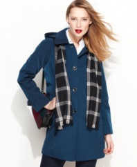 Get ready for cooler weather with London Fog's petite raincoat. The streamlined silhouette and a coordinating plaid scarf give this topper plenty of stylish flair.
