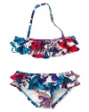 All ruffles and flower print, this cute bandeau bikini makes fun in the sun as stylish as ever.
