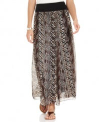 This flowing maxi skirt from Grace Elements features a sheer animal-print overlay and a wide elastic waistband that's worth showing off with a tucked in top!