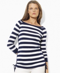Bold stripes grace the front of a three-quarter-sleeve tee from Lauren by Ralph Lauren, crafted with an elegant ballet neckline and drawcord detailing at the hem to create chic ruching.