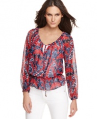 MICHAEL Michael Kors' petite top makes the peasant silhouette sophisticated with a rich print on sheer fabric with a great drape. Looks especially stylish with a pair of skinny white jeans.