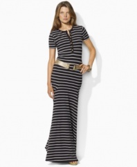 A warm-weather essential, Lauren by Ralph Lauren's petite chic striped maxi dress is crafted with short sleeves and a buttoned placket.