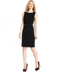 A must-have for every wardrobe, you'll always look sleek and chic in Calvin Klein's petite belted sheath dress. External pleats add a fresh, architectural touch.