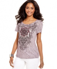 Make any day feel like you're somewhere faraway in this exotic petite tee, featuring a gorgeous placed print that's embellished with studded detail.