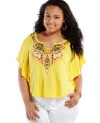 Vibrant, tribal-inspired embroidery at the neckline makes this plus size top a fun companion to your favorite jeans! From ING.
