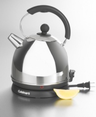 A soothing cup of tea is just a whistle away. Electric kettle from Cuisinart brings cordless convenience to your countertop…and the table. Stainless steel kettle lifts off base and sits safely and coolly on any surface. One-touch 1500-watt quick-heating with auto shut-off to prevent boil-over. Antisplatter spout prevents accidents and drip. Protected heating element never touches water, never calcifies. On/off switch with indicator light. Ergonomic stay-cool handle. 1.75-qt. capacity. Model KUA-17. Three-year limited warranty.