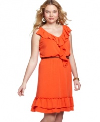 Look super-cute this season in Love Squared's sleeveless plus size dress, accented by a belted waist and frilly ruffles.