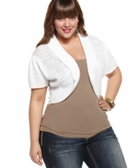 Layer your sleeveless styles with Extra Touch's short sleeve plus size cardigan, featuring a cropped design.
