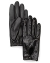 Python-embossed leather back these elegant gloves, a cozy-chic way to keep the cold at bay. Snaps at the wrist add dash. From Lauren by Ralph Lauren.