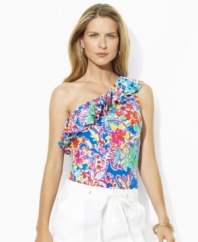Bright and breezy in a vibrant paisley print, this flirty petite Lauren by Ralph Lauren top is rendered in light-as-air tissue cotton in an alluring one-shoulder silhouette.