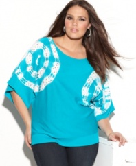 Sport a fun look with INC's three-quarter sleeve plus size top, spotlighting an embellished tie-dyed print.