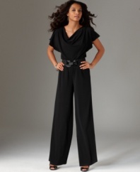 This breezy, blousy petite jumpsuit by AGB features a relaxed stretch fit and a nipped belted waist to create a feminine silhouette.