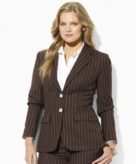 Rendered in a sleek two-button silhouette, this plus size Lauren by Ralph Lauren jacket is crafted in chic pinstriped wool for a polished look.