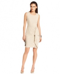 Calvin Klein's petite sheath is simplistic chic, featuring a classic, clean-cut fit with an extra feminine detail--a flyaway ruffle at the front skirt.