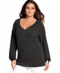 Get classic bohemian style with MICHAEL Michael Kors' long sleeve plus size peasant top.