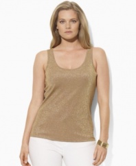 Crafted with a hint of stretch for a body-conscious fit, a classic plus size scoop-neck tank from Lauren by Ralph Lauren transforms into an eye-catching essential with allover glittering metallic threads.