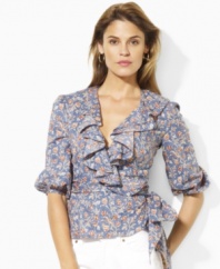 Rendered airy, lightweight cotton in a feminine wrap silhouette, Lauren by Ralph Lauren's petite, ruffled Marissa blouse exudes vintage-inspired romance with a charming floral print.