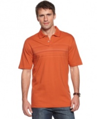 A cool striped pattern emboldens your casual or workweek look. Slim-fit polo shirt from Van Heusen.