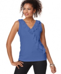Made from 100 percent cotton, this petite V-neck tank top features ruffled trim at the front for a feminine flourish. It pairs well with dark jeans!
