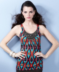 A built-in necklace adorns INC's petite tank while an exotic print gives it a touch of tribal chic.