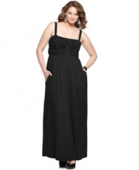 Take your look to the max this season with Spense's sleeveless plus size maxi dress, highlighted by rosette applique.