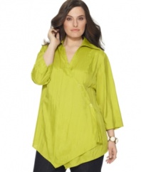 An asymmetrical button front lends a unique feel to J Jones New York's three-quarter sleeve plus size top, punctuated by a handkerchief hem.