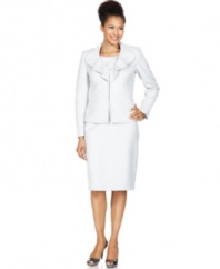 A feminine, ruffled collar on the jacket is the touch that makes this petite Le Suit skirt suit extra stylish.