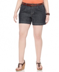 Pair your this season's latest tanks and tees with American Rag's plus size denim shorts, featuring a belted waist.