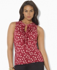 A plus size cotton jersey tank from Lauren by Ralph Lauren becomes a chic summer essential with a pretty allover floral pattern and flirty ruffles at the front.
