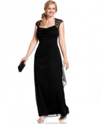 Lace cap sleeves romance the look of this plus size Xscape gown, infusing a touch of sophisticated luxe. A sheer ruffle that cascades from the hip adds extra intrigue to this dazzling dress.
