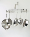 If you have limited storage space and a desire for something different, this wall-mounted pot rack is the perfect way to display and organize your cookware collection. Sleek and attractive, it adds a dramatic element to any kitchen décor. Cookware not included. Limited lifetime warranty.