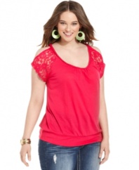 Embrace one of the season's hottest trends with Extra Touch's cold-shoulder plus size top, featuring lace sleeves.