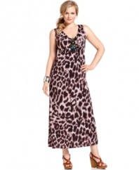 Capture spot-on style with NY Collection's sleeveless plus size maxi dress, showcasing an animal-print.
