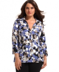 A feminine floral print illuminates Alfani's three-quarter sleeve plus size top-- snag it an Everyday Value price!