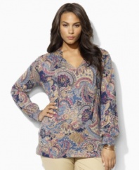 A classic paisley pattern in sophisticated jewel tones lends a chic, earthy quality to this plus size Lauren by Ralph Lauren tunic, rendered in soft tissue cotton with a split neckline and smocked cuffs for a hint of bohemian romance.