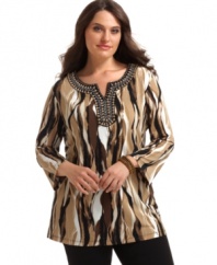 A beaded neckline beautifully accents JM Collection's three-quarter sleeve plus size tunic top.