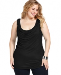 A draped neckline lends a chic appeal to Jones New York Signature's sleeveless plus size top-- it's a must-have basic for the season!